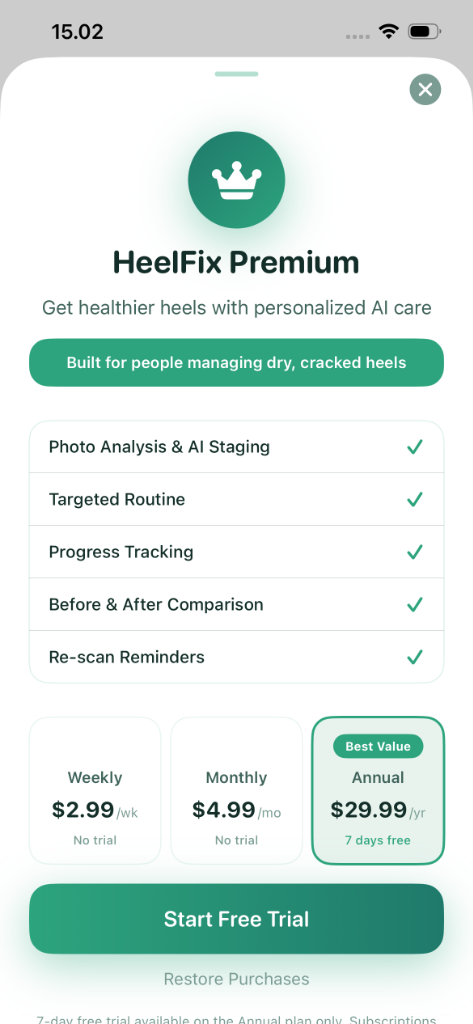 HeelFix Premium subscription screen displaying plan options and features