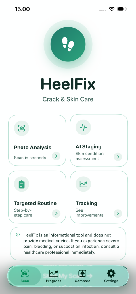 HeelFix App Home Screen showing photo analysis, AI staging, targeted routines and progress tracking